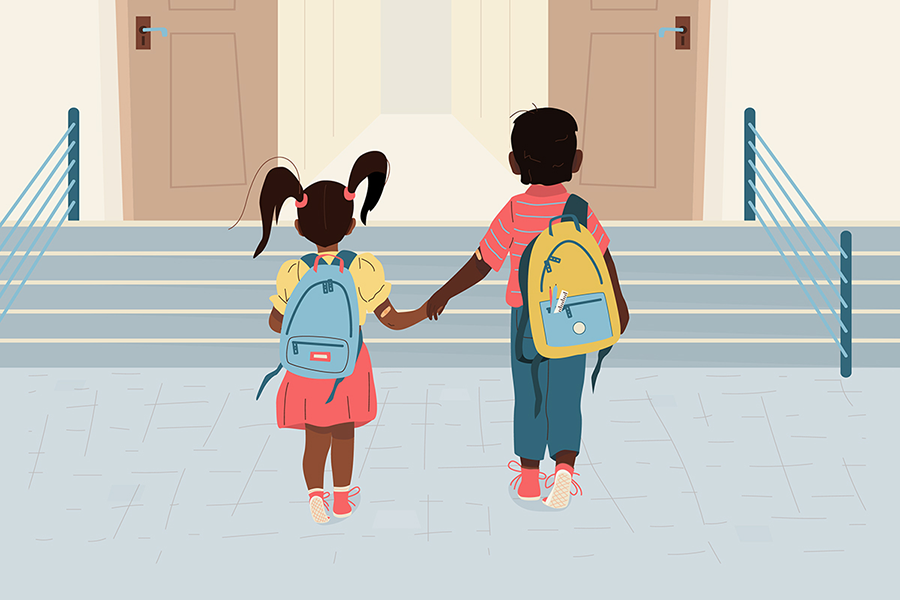 Two children wearing backpacks hold hands as they walk up steps toward a building entrance with double doors. The scene suggests they are heading to school together.