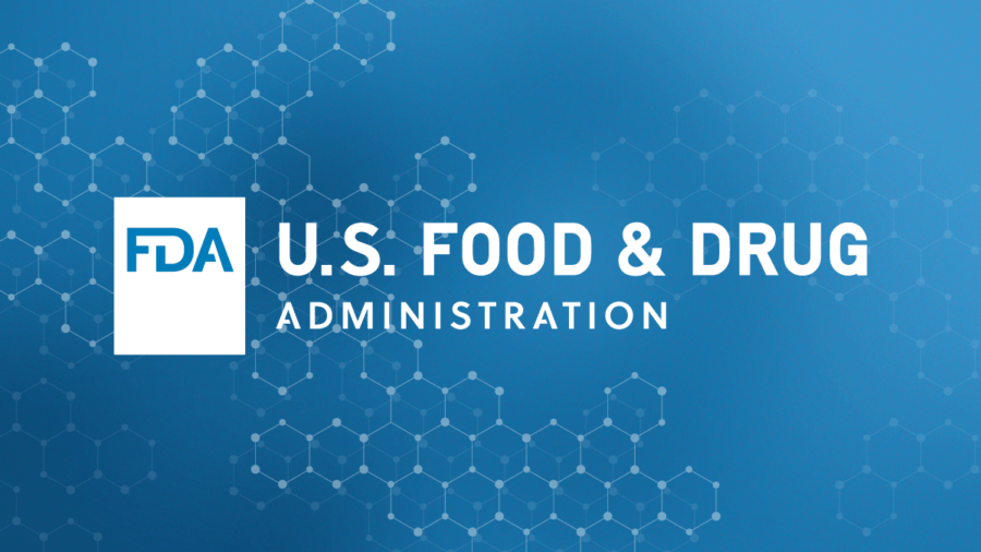 White FDA logo and the text U.S. Food & Drug Administration on a blue background with a pattern of molecular structures.