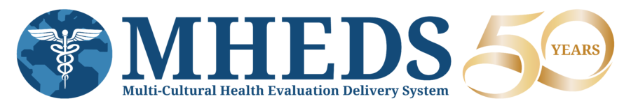 MHEDS logo with a globe and caduceus symbol, the text MHEDS Multi-Cultural Health Evaluation Delivery System, and a large gold 50 Years indicating a 50th anniversary.