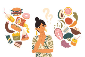 Illustration of a thoughtful woman surrounded by unhealthy foods like burgers, fries, and soda on one side, and healthy foods like vegetables, fruits, fish, and yogurt on the other, symbolizing a choice between diets.