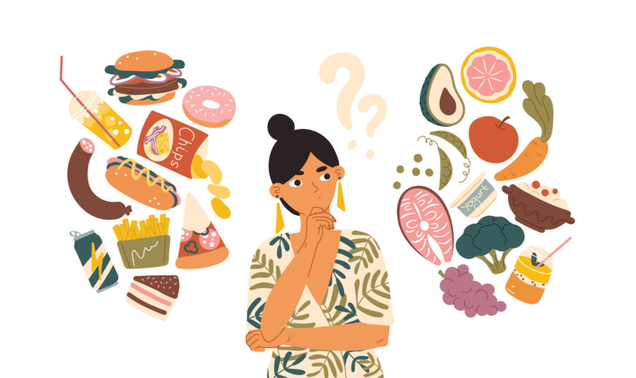 Illustration of a thoughtful woman surrounded by unhealthy foods like burgers, fries, and soda on one side, and healthy foods like vegetables, fruits, fish, and yogurt on the other, symbolizing a choice between diets.