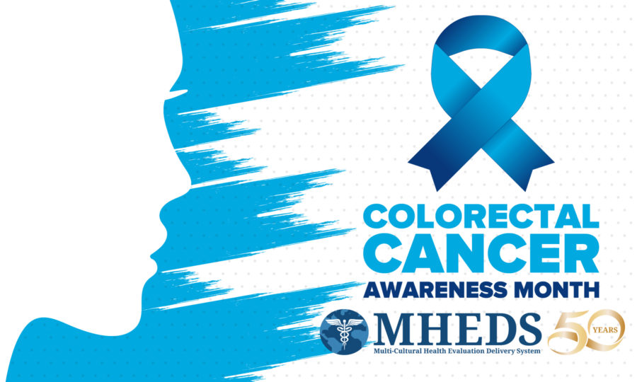 A blue ribbon and text read Colorectal Cancer Awareness Month. A blue silhouette of a face is on the left. The MHEDS logo and a 50 years emblem are at the bottom right.
