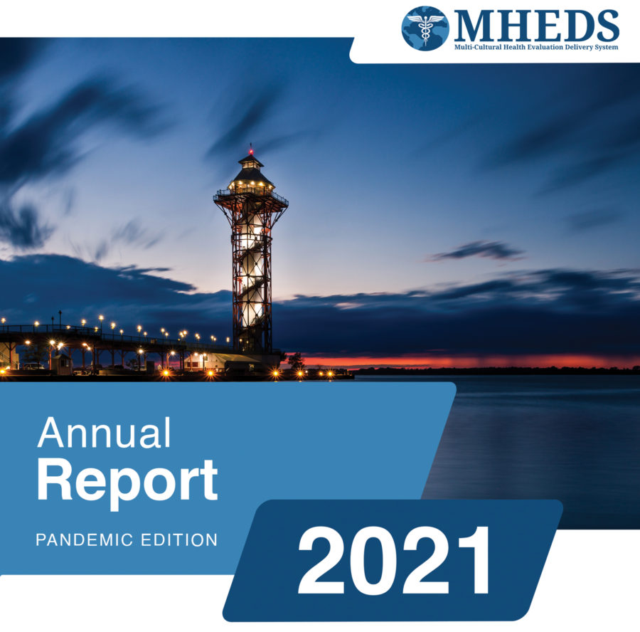 Cover of the MHEDS Annual Report 2021, Pandemic Edition, featuring a waterfront tower at sunset with lights reflected on the water.