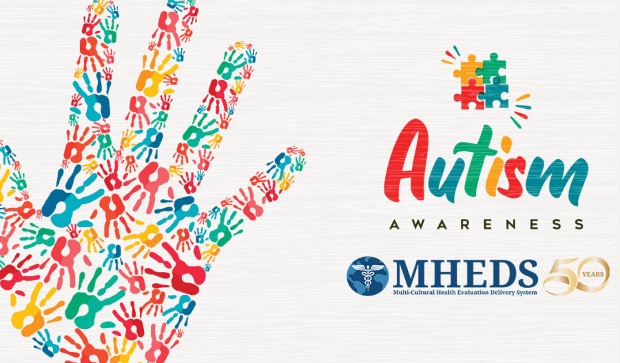 A colorful handprint made of small, multicolored handprints is on the left. On the right, text reads Autism Awareness with a puzzle piece logo, and MHEDS 50 Years with a medical caduceus symbol.