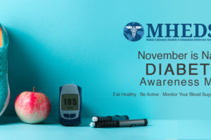 A pair of blue athletic shoes, a pink apple, a blood glucose meter showing 105, diabetic supplies, and the text: “November is National Diabetes Awareness Month” with health tips on a blue background.