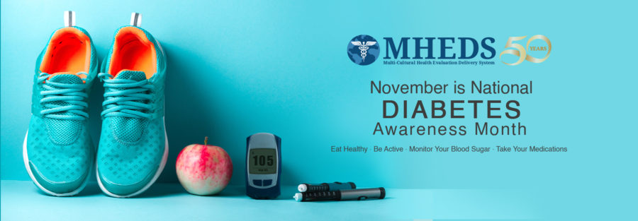 A pair of blue athletic shoes, a pink apple, a blood glucose meter showing 105, diabetic supplies, and the text: “November is National Diabetes Awareness Month” with health tips on a blue background.