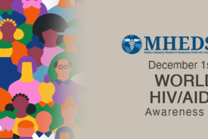 Banner with colorful illustrated diverse faces on the left, and on the right, text reads: “MHEDS 50 Years. December 1st is WORLD HIV/AIDS Awareness Day.”.