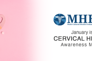 A paper illustration of a uterus on a pink background with scattered white dots, next to text that reads MHEDS January is CERVICAL HEALTH Awareness Month.