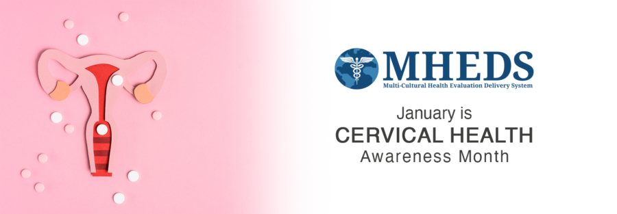 A paper illustration of a uterus on a pink background with scattered white dots, next to text that reads MHEDS January is CERVICAL HEALTH Awareness Month.