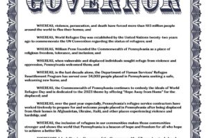 An official proclamation from the Governor of Pennsylvania declaring June 20, 2023, as World Refugee Day. The document details refugee statistics, historical context, and a call for welcoming refugees, signed by Governor Josh Shapiro.