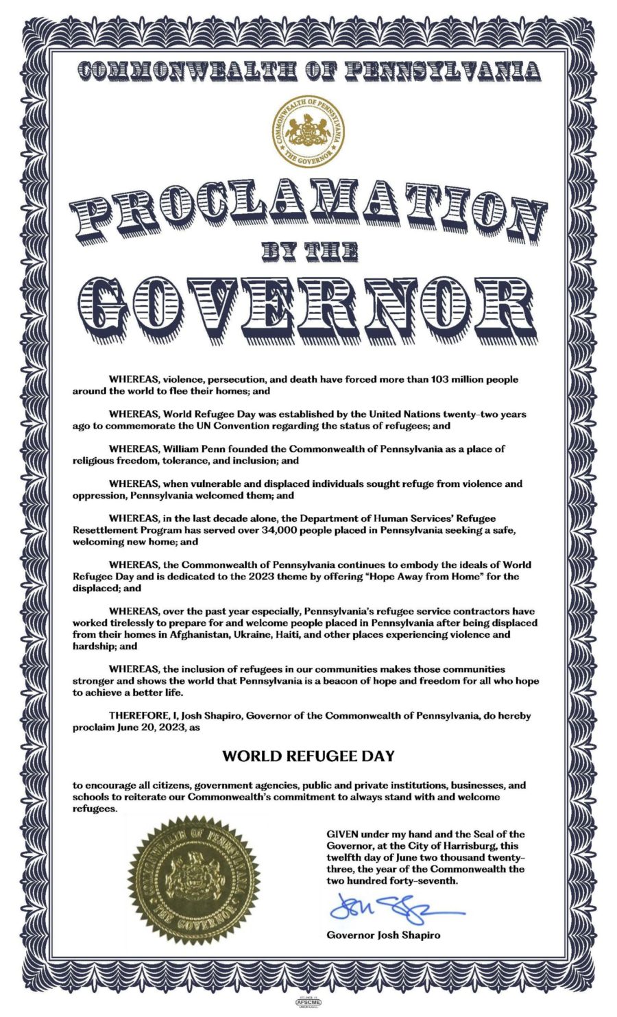 An official proclamation from the Governor of Pennsylvania declaring June 20, 2023, as World Refugee Day. The document details refugee statistics, historical context, and a call for welcoming refugees, signed by Governor Josh Shapiro.