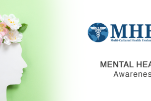 A white silhouette of a human head filled with pink and white flowers on a green background, next to the MHEDS logo and the words MENTAL HEALTH Awareness on a white background.
