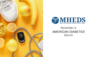 A glucose meter, measuring tape, sneakers, fruit, and a jump rope on a yellow background. Text reads: MHEDS Multi-Cultural Health Evaluation Delivery System. November is American Diabetes Month.”.