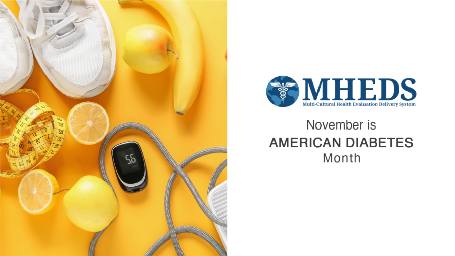 A glucose meter, measuring tape, sneakers, fruit, and a jump rope on a yellow background. Text reads: MHEDS Multi-Cultural Health Evaluation Delivery System. November is American Diabetes Month.”.
