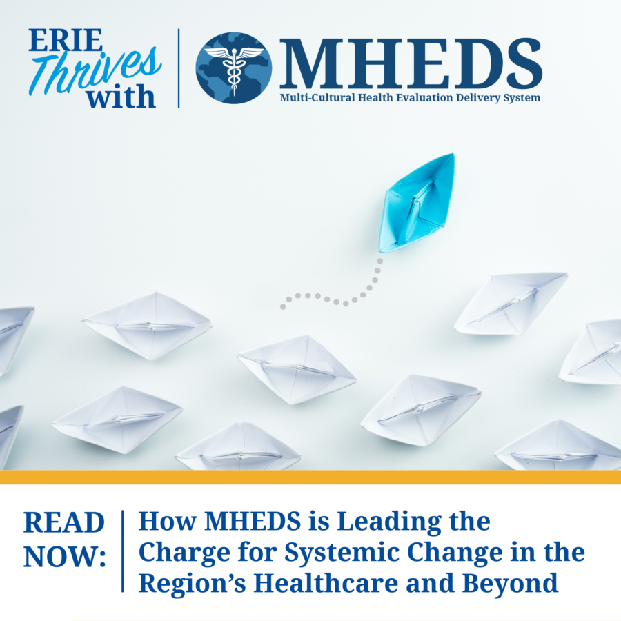 A blue paper boat leads a group of white paper boats in a different direction. Text: Erie thrives with MHEDS. Read now: How MHEDS is leading the charge for systemic change in the region’s healthcare and beyond.