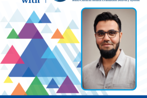 A promotional graphic for MHEDS features a smiling man with glasses and a beard. Text highlights his quote about fleeing danger in his homeland. Geometric shapes and the Erie Thrives with MHEDS logo are also visible.