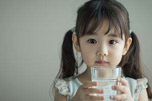 A young girl with dark hair in pigtails holds a glass of water with both hands, looking directly at the camera with a neutral expression. She wears a light-colored, ruffled top and is in front of a plain background.