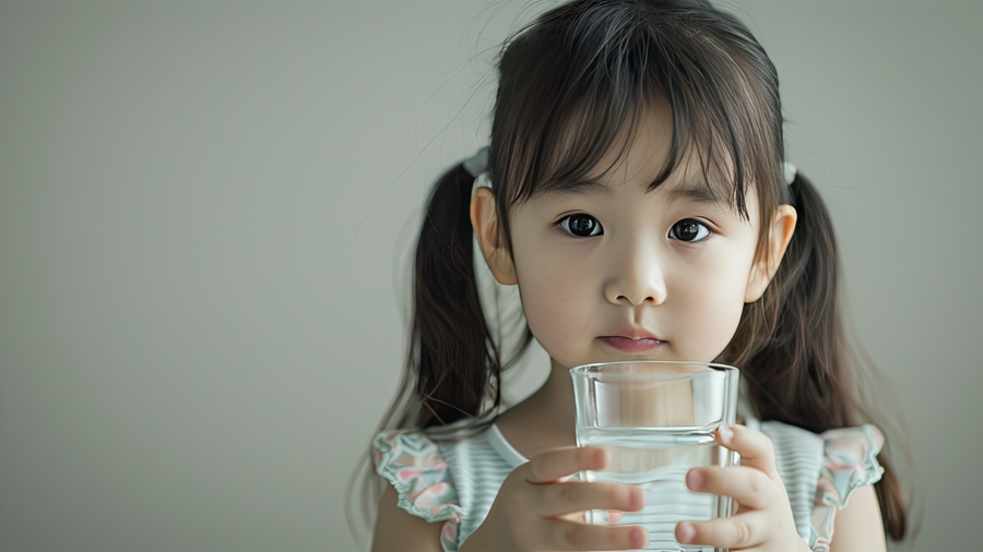 A young girl with dark hair in pigtails holds a glass of water with both hands, looking directly at the camera with a neutral expression. She wears a light-colored, ruffled top and is in front of a plain background.