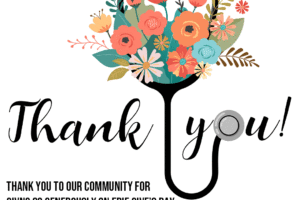 A stethoscope with colorful flowers forms the shape of a heart above the words “Thank you!” and a message: “Thank you to our community for giving so generously on Erie Give’s Day.” MHEDS logo is in the bottom right corner.