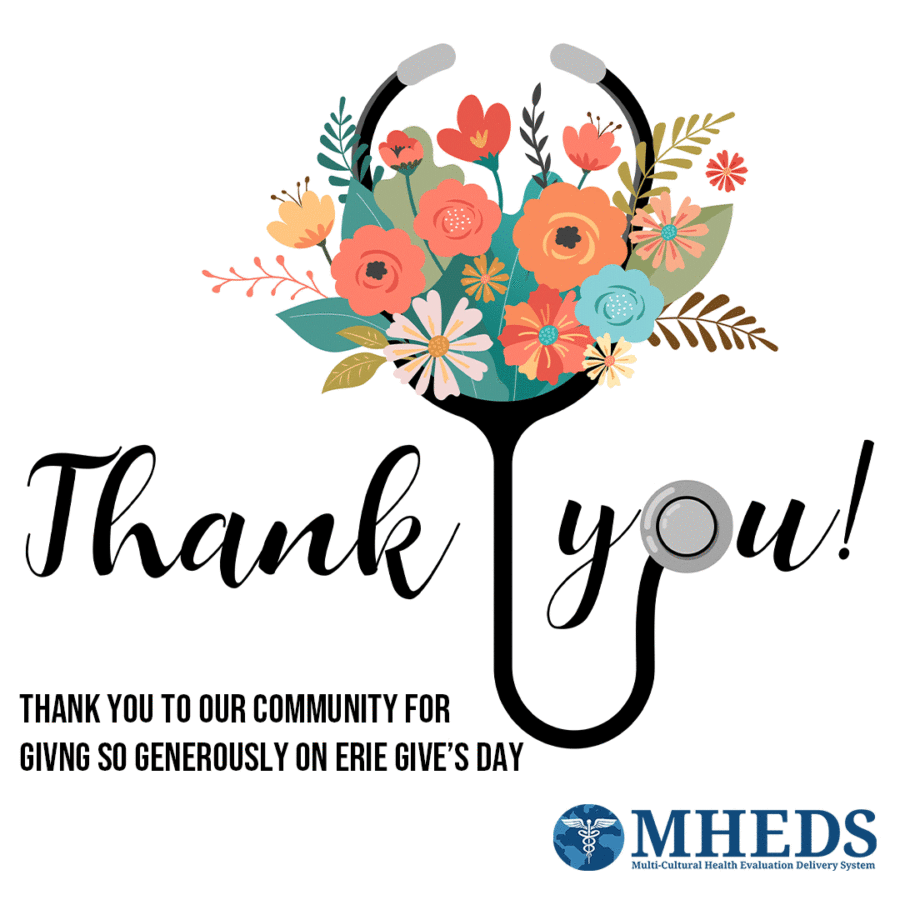 A stethoscope with colorful flowers forms the shape of a heart above the words “Thank you!” and a message: “Thank you to our community for giving so generously on Erie Give’s Day.” MHEDS logo is in the bottom right corner.
