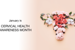 Text on left reads “January is CERVICAL HEALTH AWARENESS MONTH.” On the right, flowers and leaves are arranged in the shape of a uterus on a peach background.