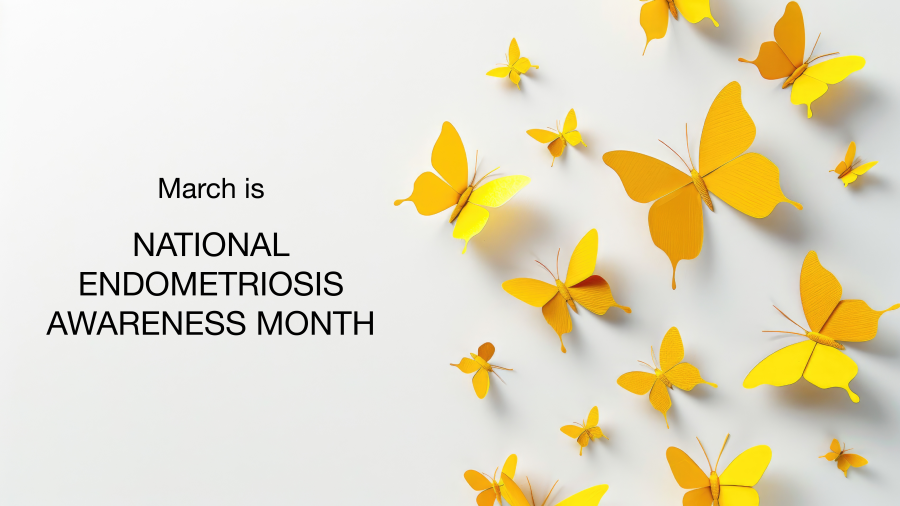 Yellow butterflies on a white background with the text March is National Endometriosis Awareness Month.