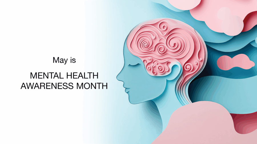 A stylized illustration of a woman’s head in blue with pink swirls representing the brain, alongside text that reads “May is MENTAL HEALTH AWARENESS MONTH” on a white and pastel background.