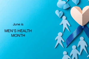 Blue background with paper cutouts of men, hearts, and a blue ribbon forming a larger heart on the right. Text on the left reads, June is MEN’S HEALTH MONTH.