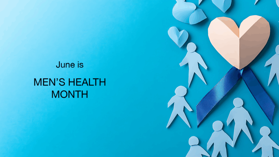 Blue background with paper cutouts of men, hearts, and a blue ribbon forming a larger heart on the right. Text on the left reads, June is MEN’S HEALTH MONTH.