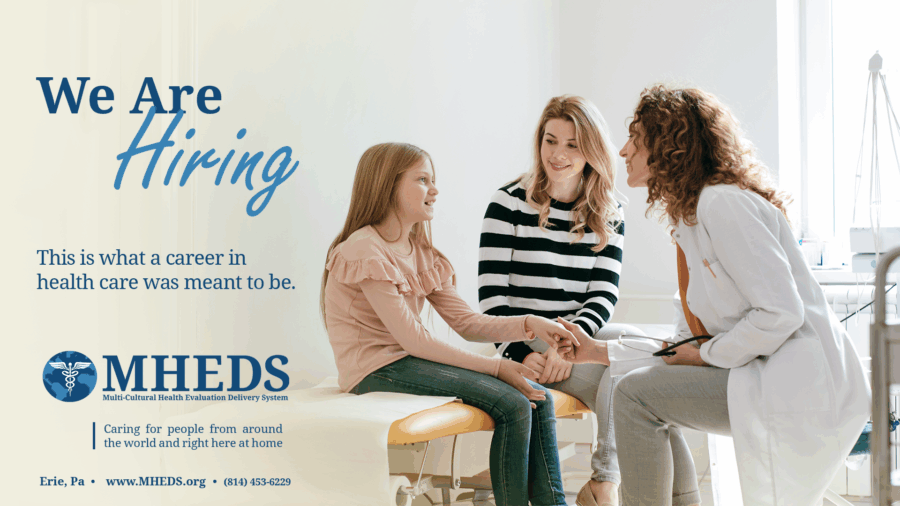 A female doctor smiles while talking to a young girl sitting on an exam table, holding hands with a woman. Text reads We Are Hiring. This is what a career in health care was meant to be. MHEDS logo and contact info are shown.