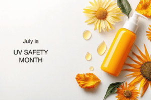 A yellow sunscreen bottle with orange and yellow flowers and droplets is on a white background. Text reads: July is UV Safety Month.
