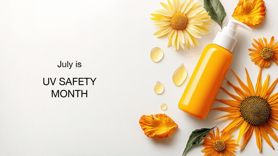 A yellow sunscreen bottle with orange and yellow flowers and droplets is on a white background. Text reads: July is UV Safety Month.