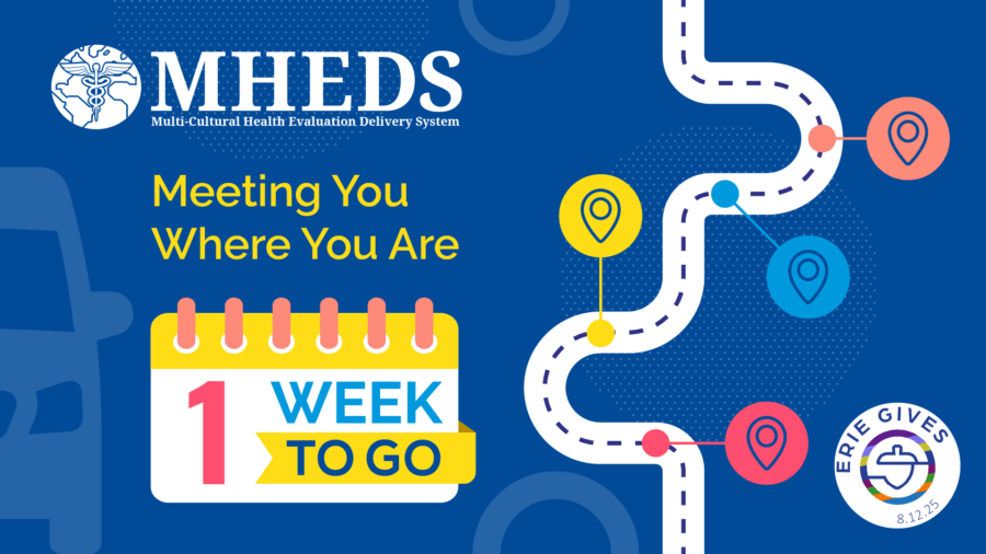 A graphic for MHEDS features a calendar showing 1 WEEK TO GO, a winding dotted path with map pins, and the Erie Gives logo, alongside the text Meeting You Where You Are on a blue background.