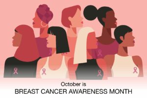Illustration of seven diverse women wearing pink ribbons, symbolizing breast cancer awareness, against a pink background. Text below reads, “October is Breast Cancer Awareness Month.”.