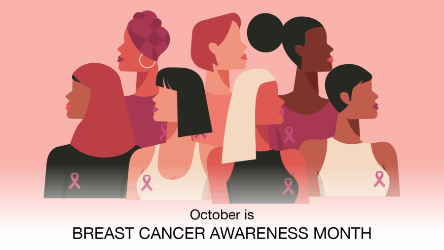 Illustration of seven diverse women wearing pink ribbons, symbolizing breast cancer awareness, against a pink background. Text below reads, “October is Breast Cancer Awareness Month.”.