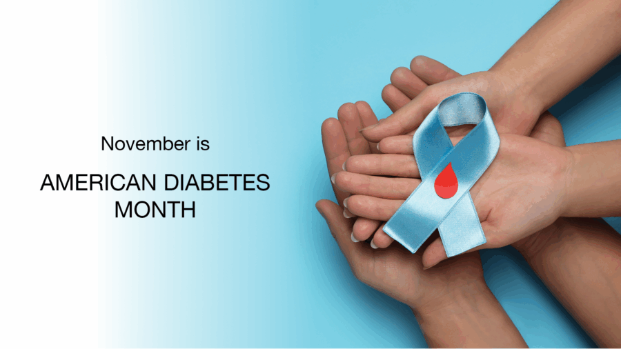 Several hands hold a blue ribbon with a red drop, symbolizing diabetes awareness, next to the text: November is American Diabetes Month on a blue and white background.