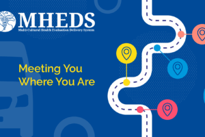 A blue graphic with the MHEDS logo and text Meeting You Where You Are. A winding dotted road with colorful location pins suggests a journey or service route.