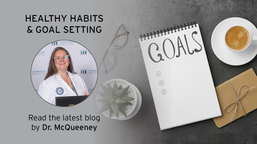 A promotional graphic for a blog titled Healthy Habits & Goal Setting by Dr. McQueeney. It features her photo, a notebook labeled GOALS, a cup of coffee, a gift box, and a small succulent plant.