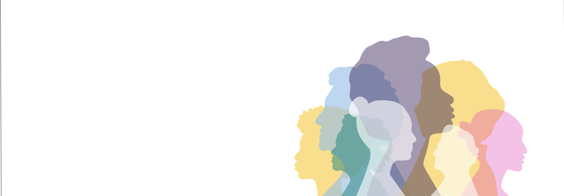 Silhouettes of diverse people in various pastel colors, layered and facing to the right, against a white background with empty space on the left.