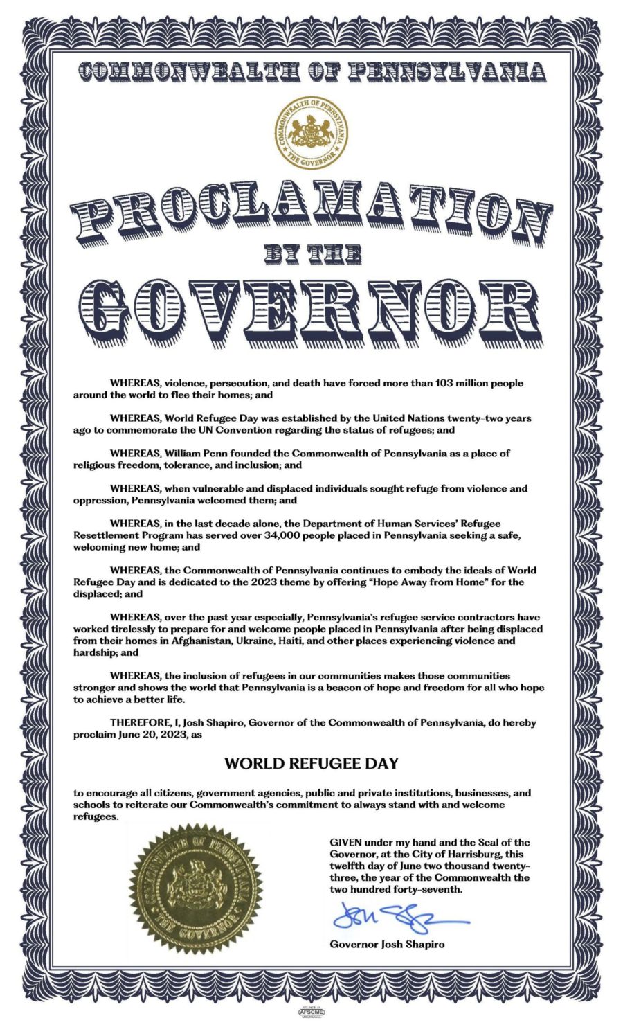 Pennsylvania Governor Josh Shapiro proclaims June 20, 2023, as World Refugee Day