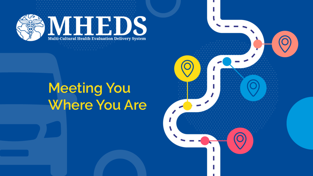 A blue graphic with the MHEDS logo and text Meeting You Where You Are. A winding dotted road with colorful location pins suggests a journey or service route.