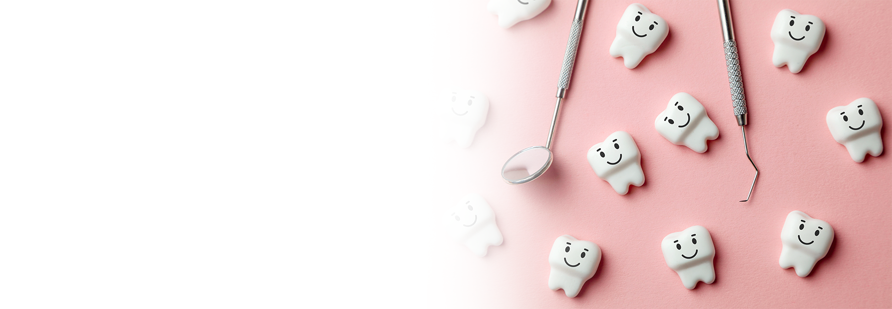 Dental tools and several small tooth-shaped figures with happy faces are arranged on a pink background, creating a playful and cheerful dental care theme. The left side of the image is white and empty.