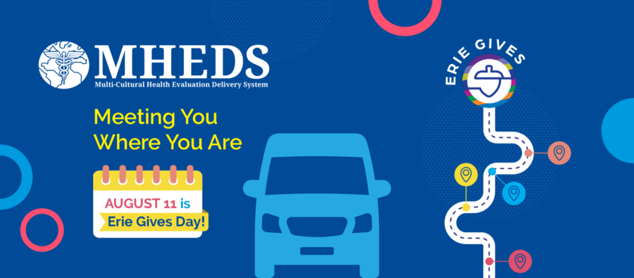 A promotional graphic for MHEDS and Erie Gives Day, featuring a car illustration, event date of August 11, and colorful map icons on a blue background, also highlights the importance of heat illness prevention.