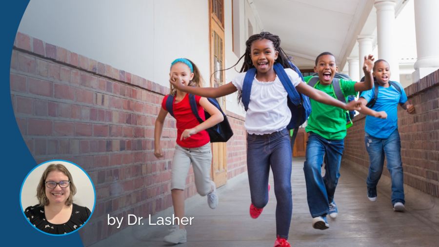 Four children with backpacks run excitedly down a covered outdoor walkway, embodying the energy of back-to-school health. An inset circle shows Mary Lasher smiling at the camera in front of a plain background.